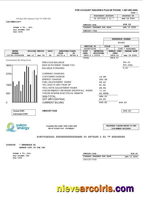 Canada Yukon Energy business utility bill